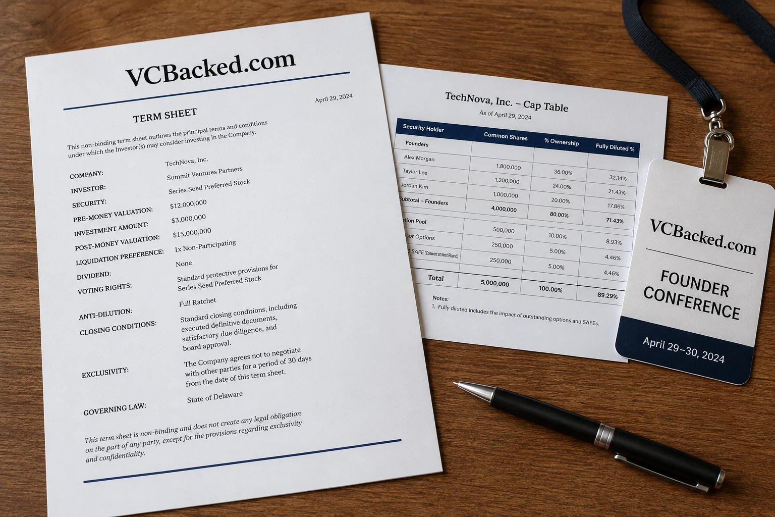 VCBacked.com term sheet, cap table, pen, and founder conference badge on a wood desk