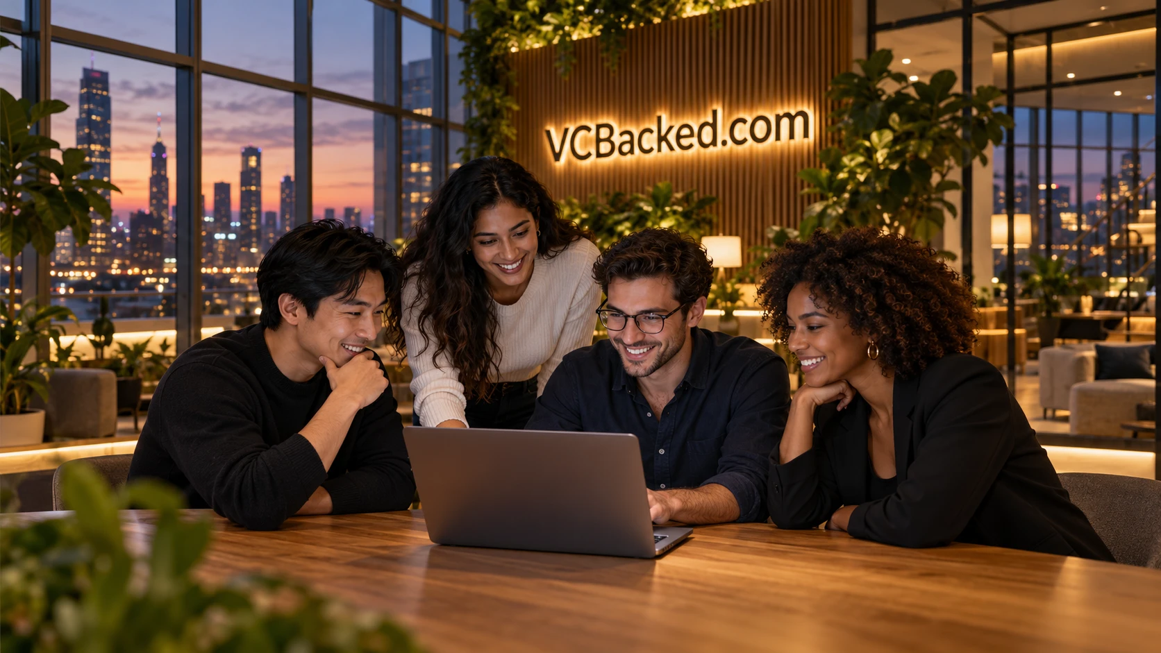 Startup founders collaborating in an architectural workspace at dusk