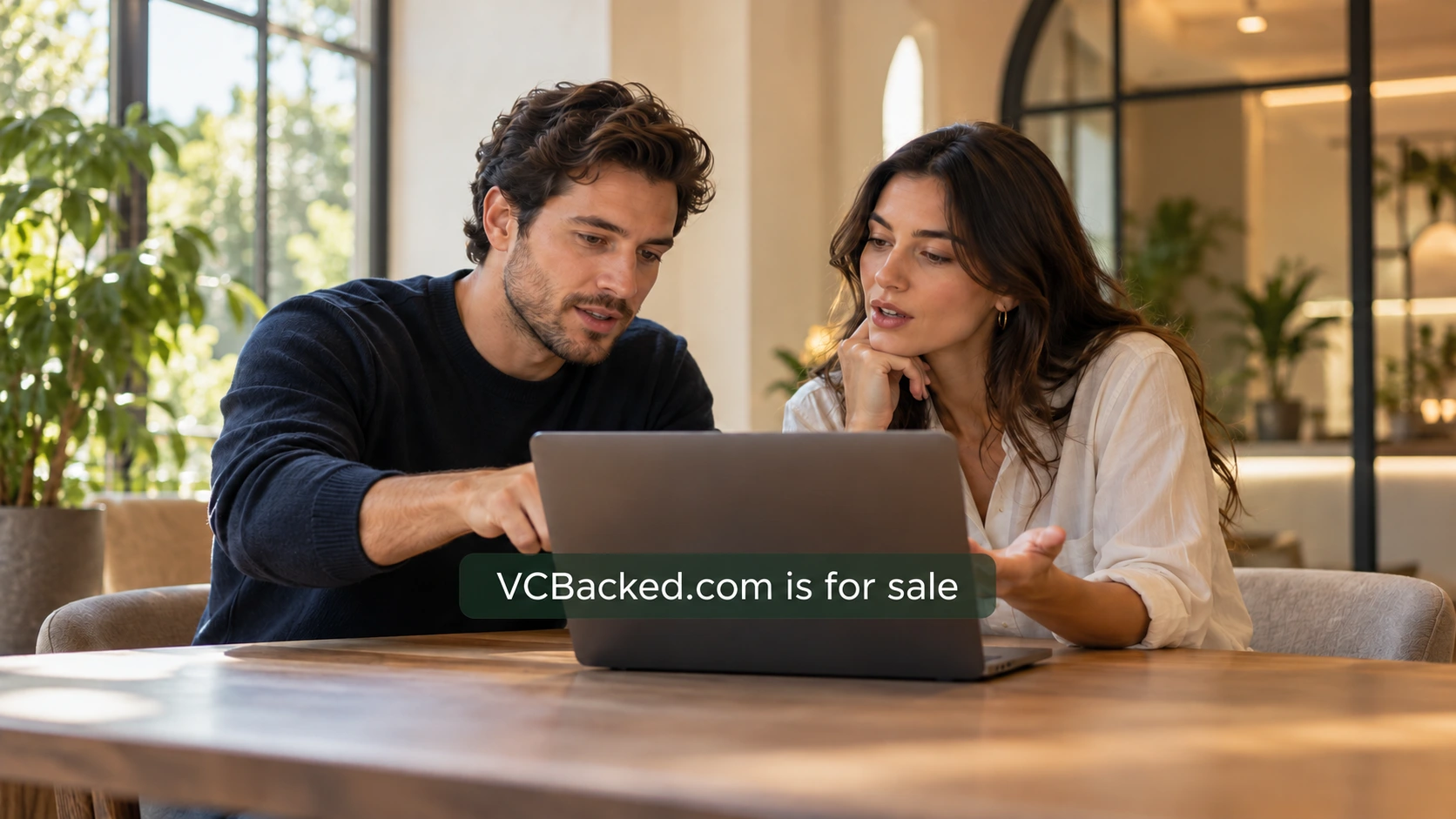 A founder and colleague reviewing a company introduction on a laptop